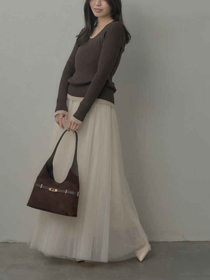 【SET】配色ラウンドネックニットトップス+ボリュームチュールスカート(2set)