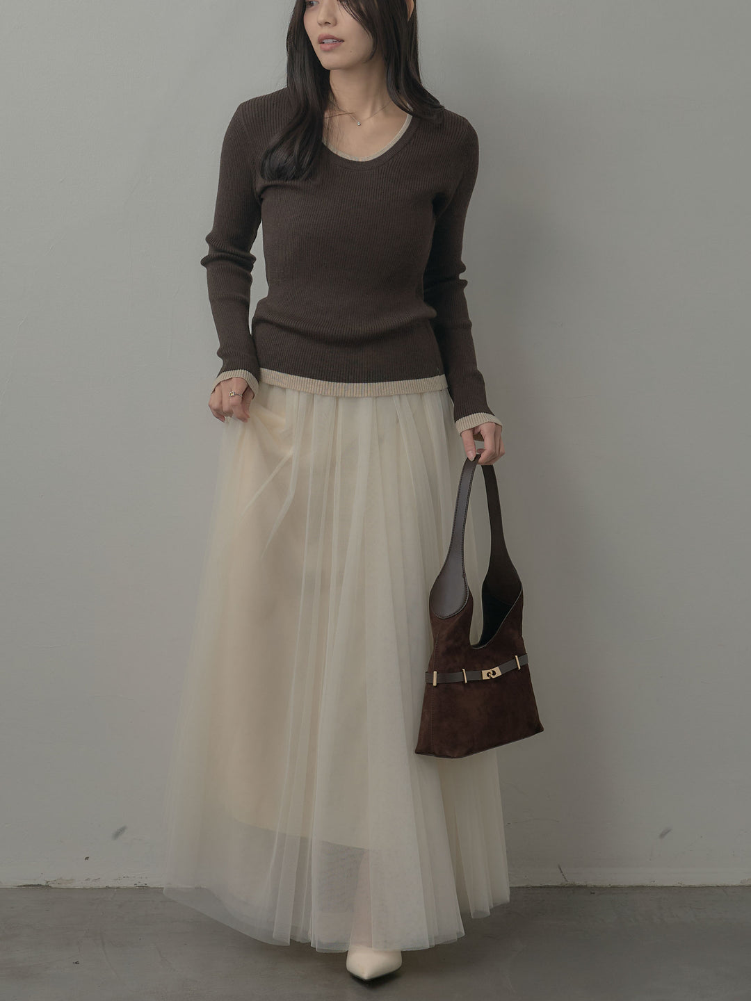 【SET】配色ラウンドネックニットトップス+ボリュームチュールスカート(2set)