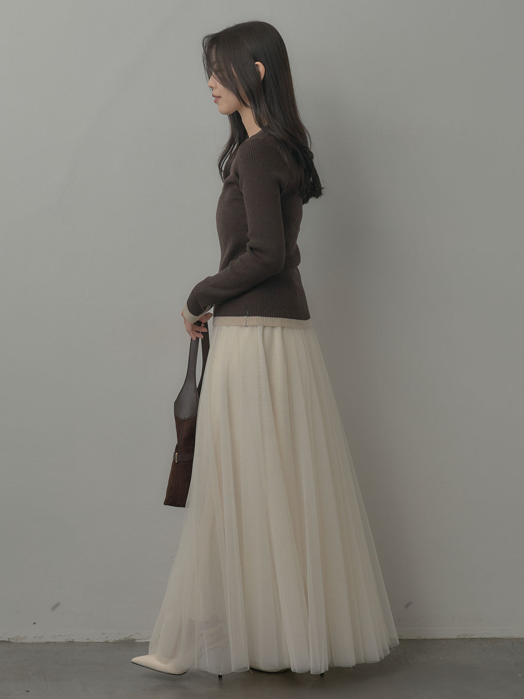【SET】配色ラウンドネックニットトップス+ボリュームチュールスカート(2set)