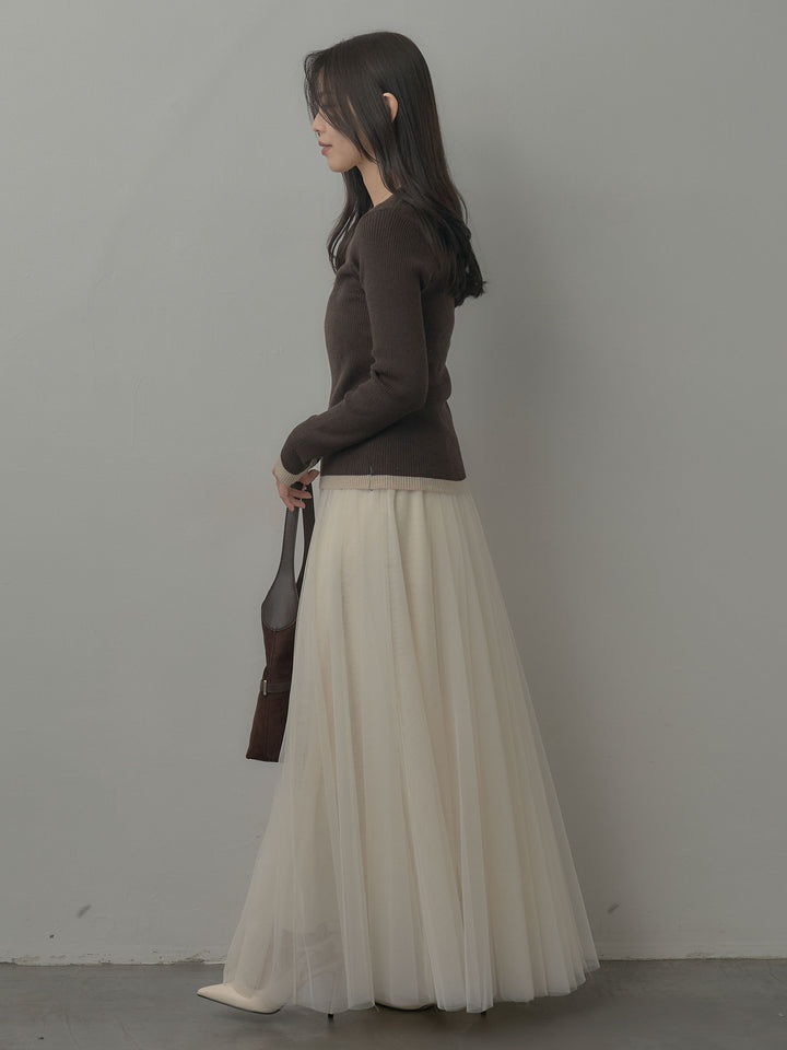 【SET】配色ラウンドネックニットトップス+ボリュームチュールスカート(2set)