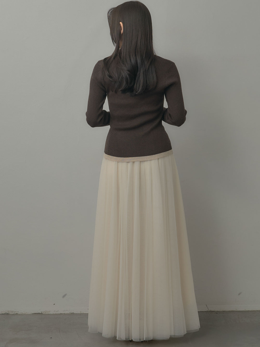 【SET】配色ラウンドネックニットトップス+ボリュームチュールスカート(2set)