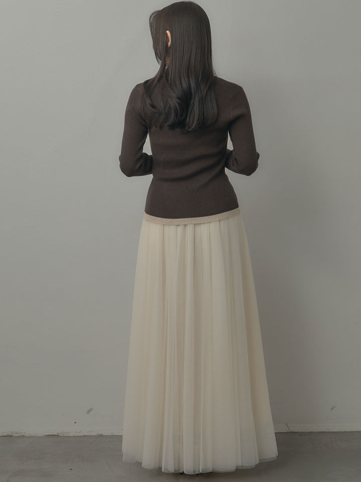 【SET】配色ラウンドネックニットトップス+ボリュームチュールスカート(2set)