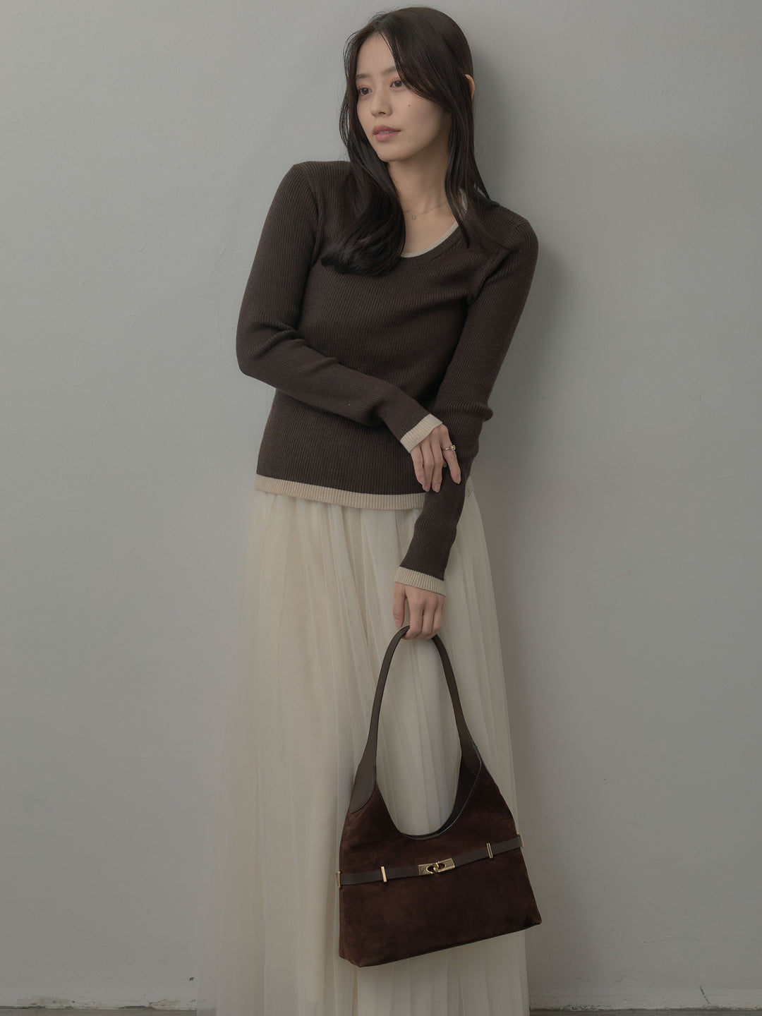 【SET】配色ラウンドネックニットトップス+ボリュームチュールスカート(2set)