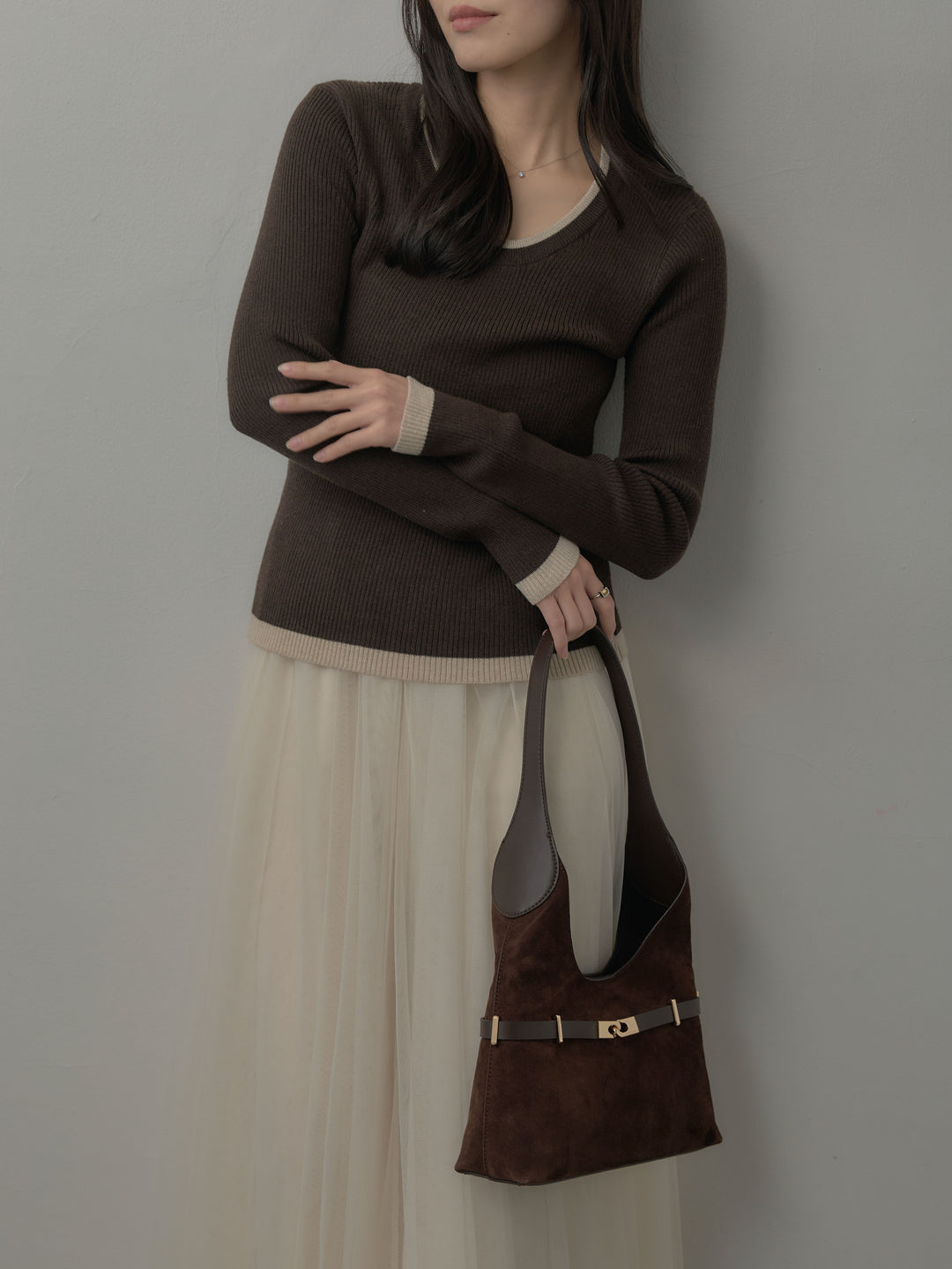 配色ラウンドネックニットトップス