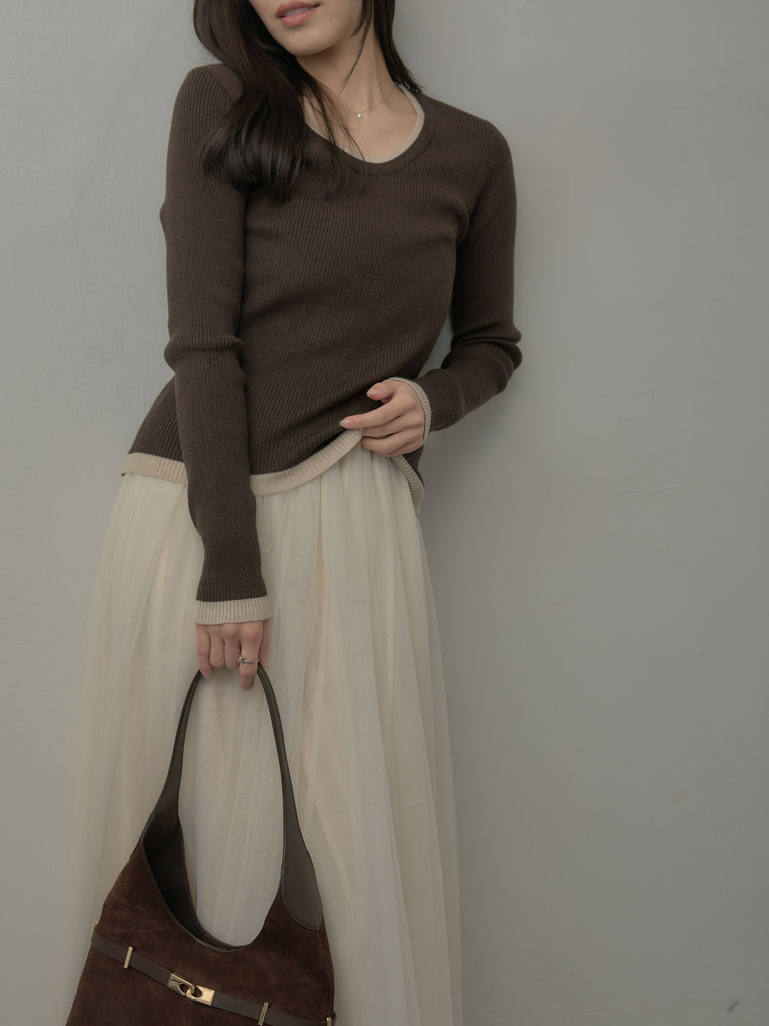 【SET】配色ラウンドネックニットトップス+ボリュームチュールスカート(2set)