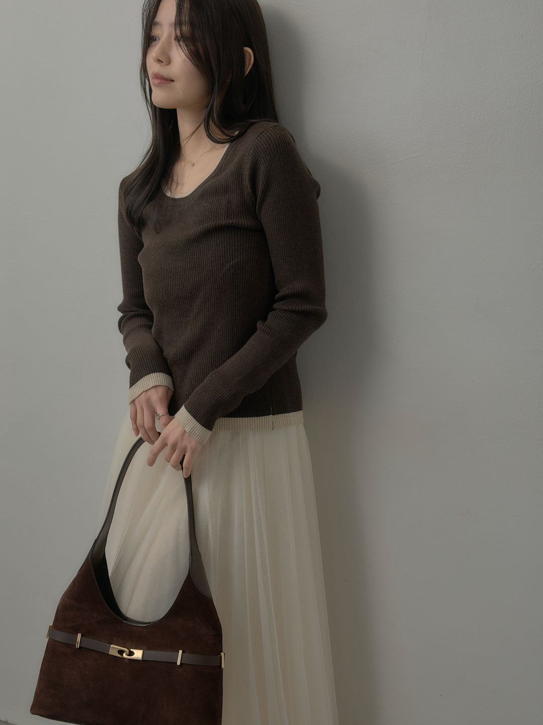 【SET】配色ラウンドネックニットトップス+ボリュームチュールスカート(2set)