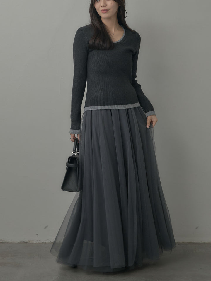 【SET】配色ラウンドネックニットトップス+ボリュームチュールスカート(2set)