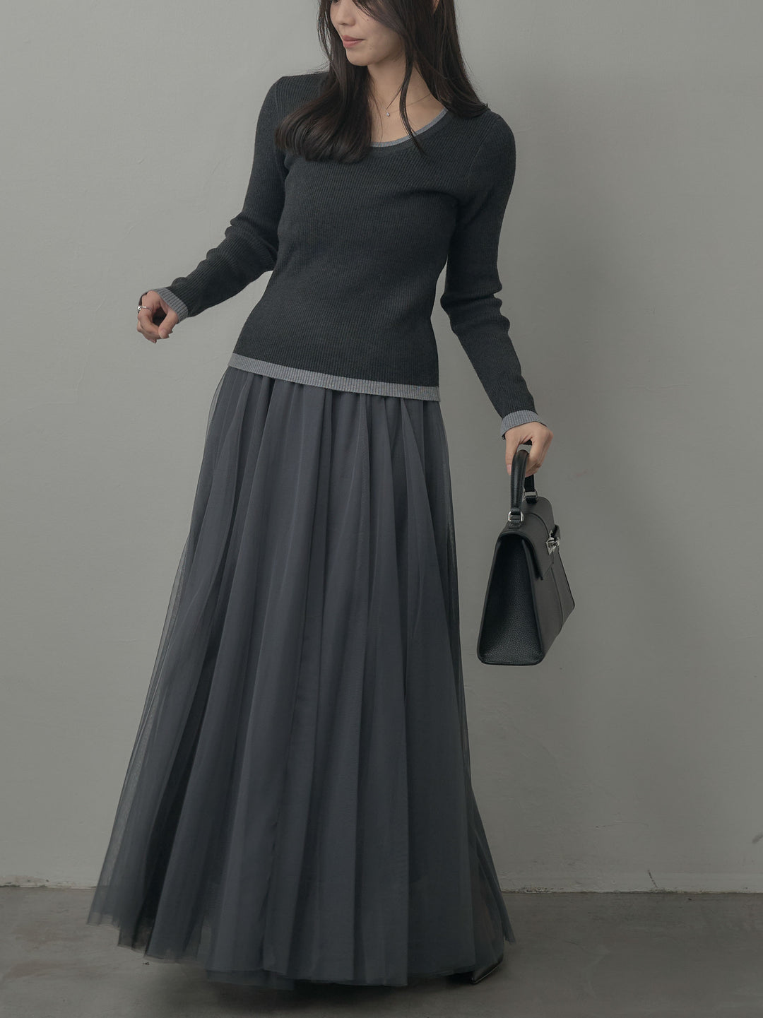 【SET】配色ラウンドネックニットトップス+ボリュームチュールスカート(2set)