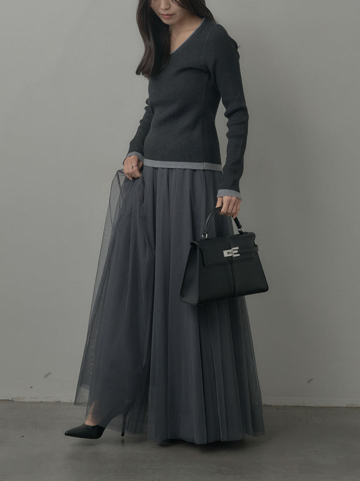 【SET】配色ラウンドネックニットトップス+ボリュームチュールスカート(2set)