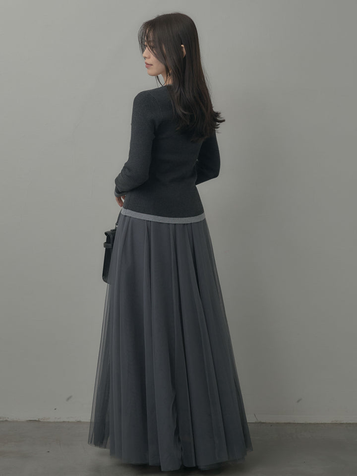 【SET】配色ラウンドネックニットトップス+ボリュームチュールスカート(2set)