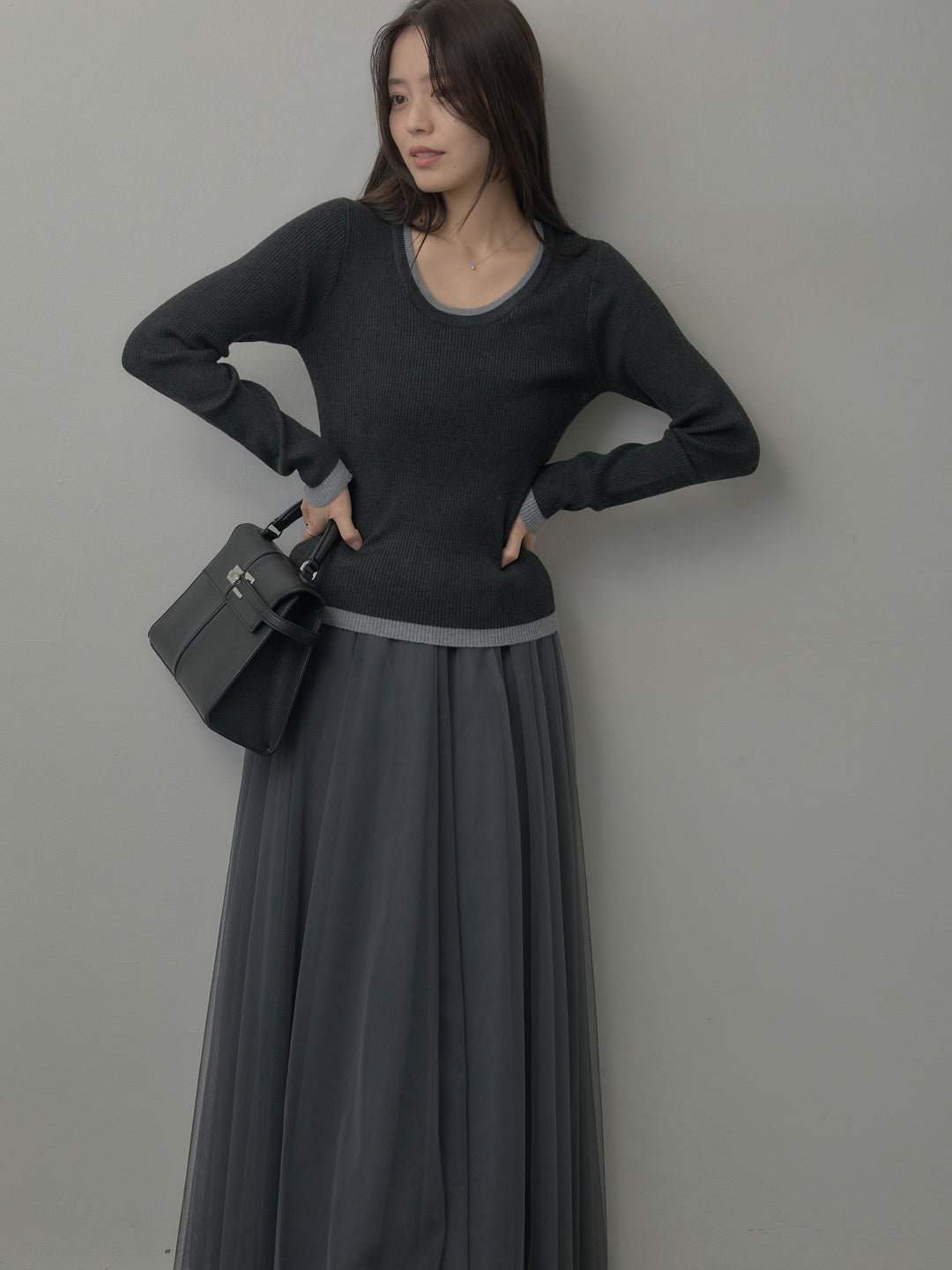 【SET】配色ラウンドネックニットトップス+ボリュームチュールスカート(2set)