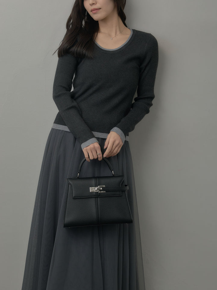 【SET】配色ラウンドネックニットトップス+ボリュームチュールスカート(2set)