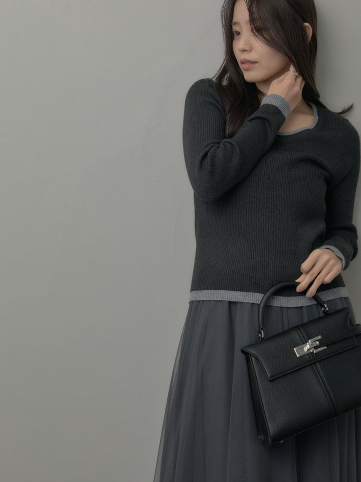 【SET】配色ラウンドネックニットトップス+ボリュームチュールスカート(2set)