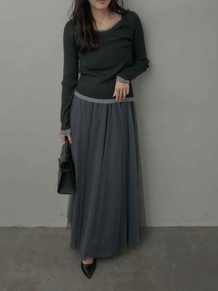 配色ラウンドネックニットトップス