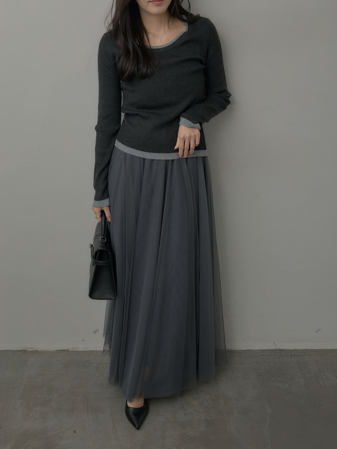 【SET】配色ラウンドネックニットトップス+ボリュームチュールスカート(2set)