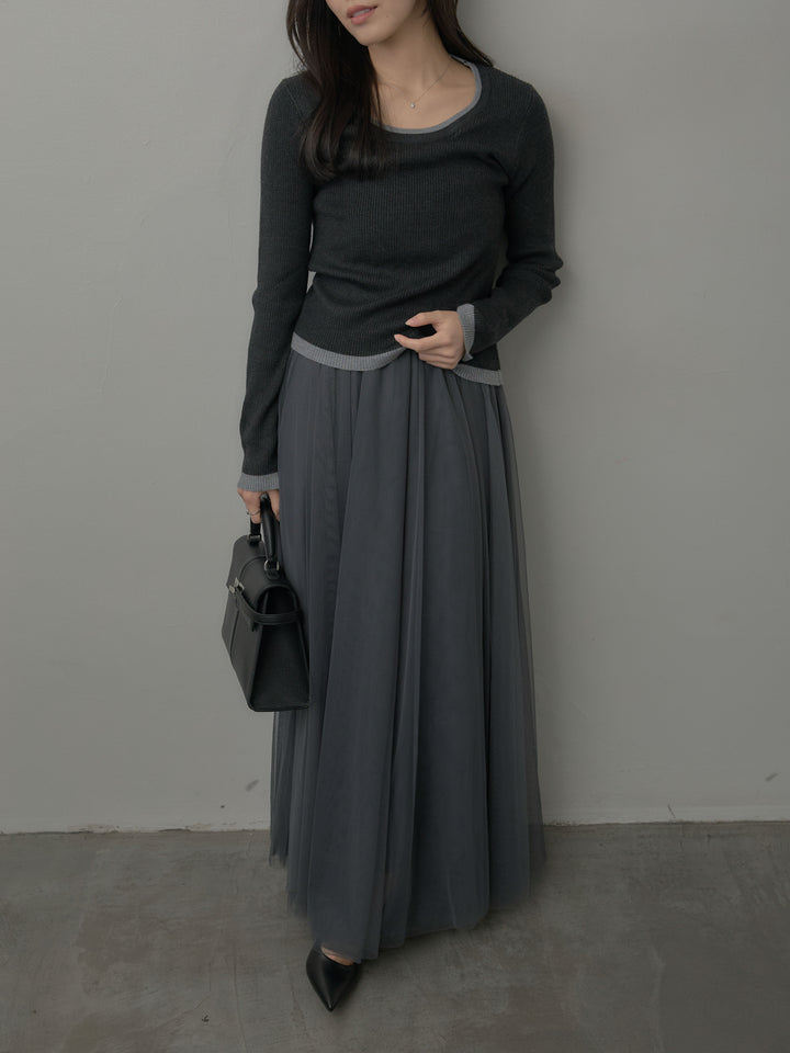 【SET】配色ラウンドネックニットトップス+ボリュームチュールスカート(2set)