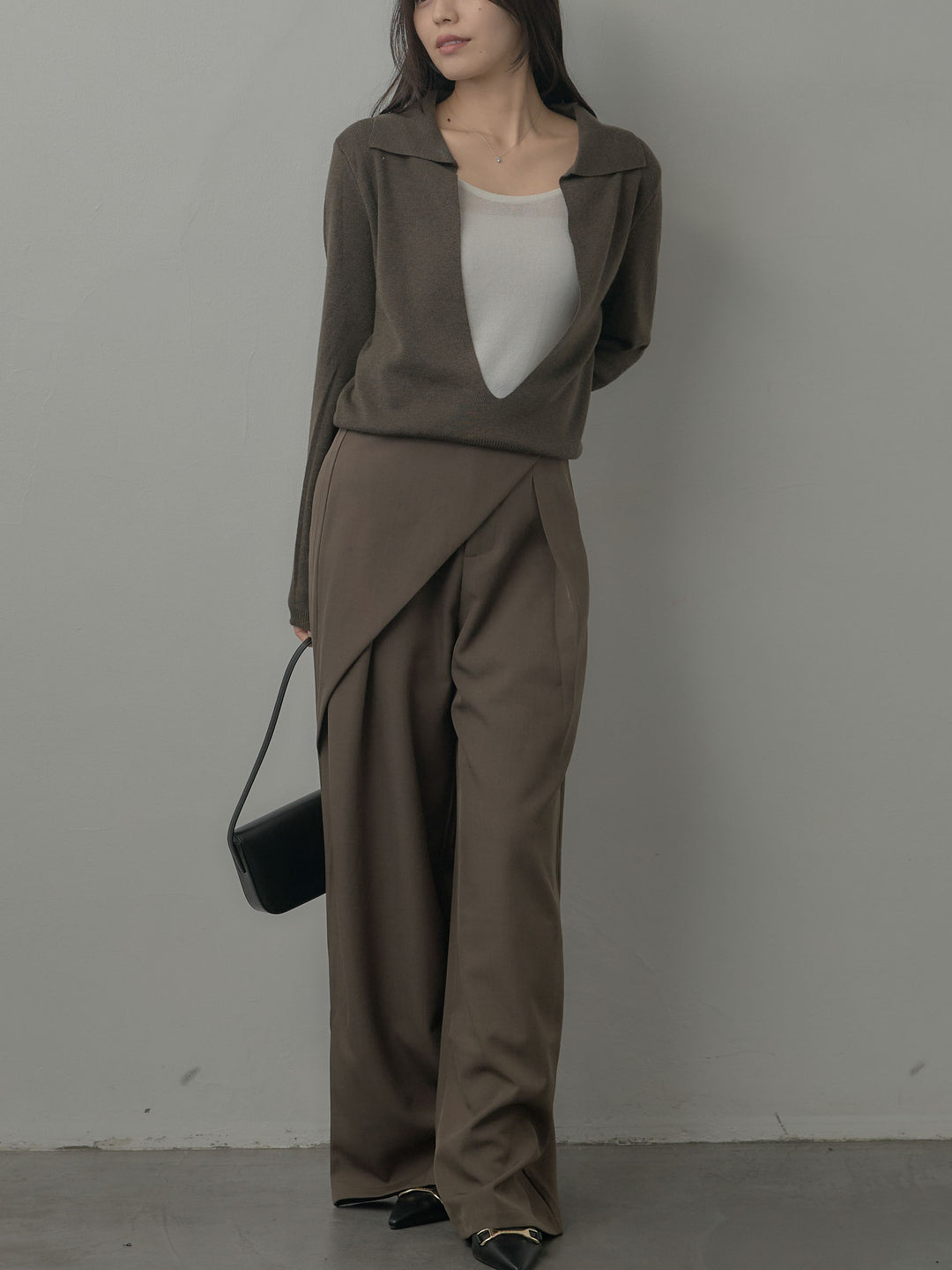 配色レイヤード襟ポロニットトップス