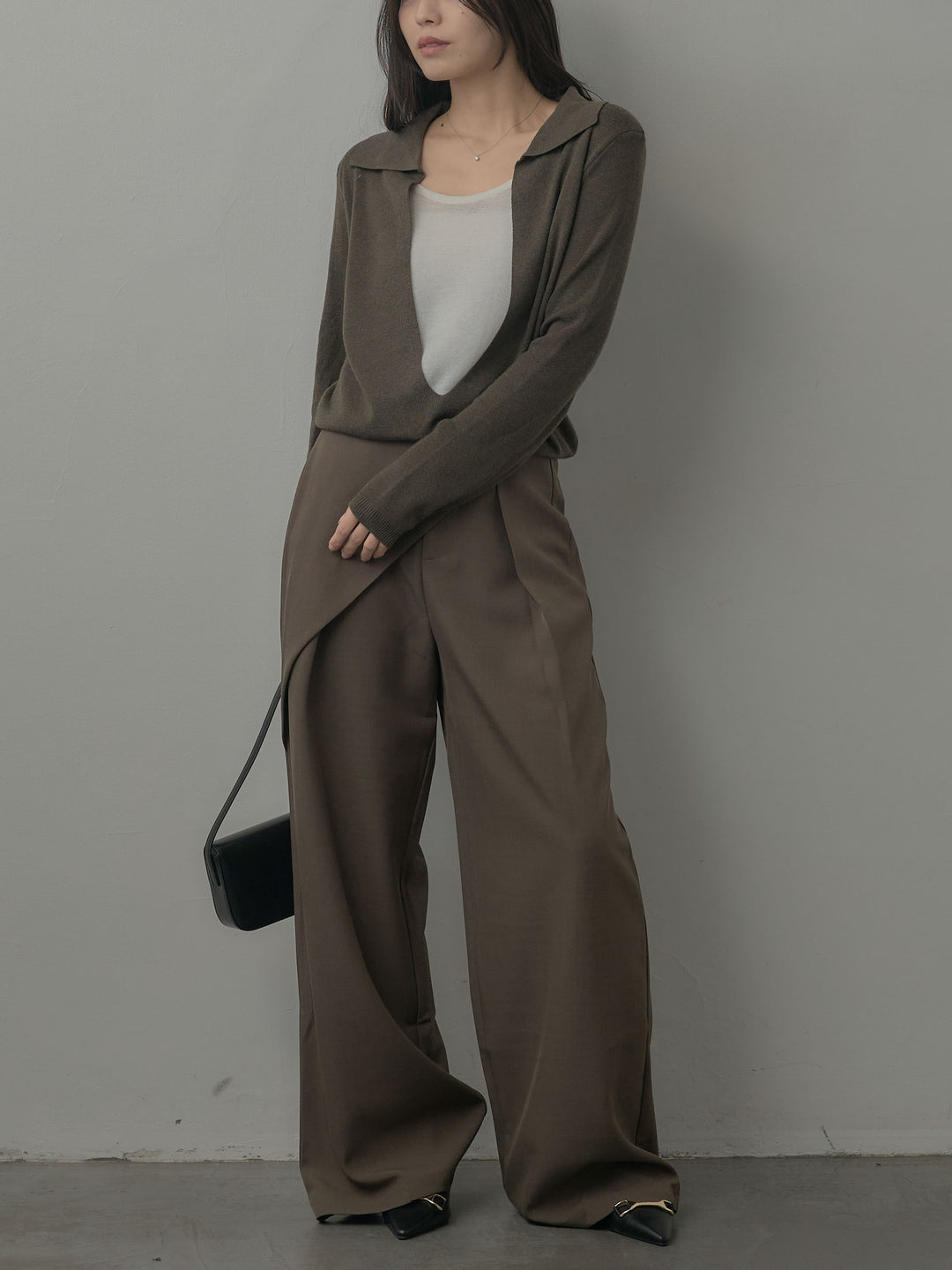 【SET】配色レイヤード襟ポロニットトップス+ウエストラップワイドパンツ(2set)