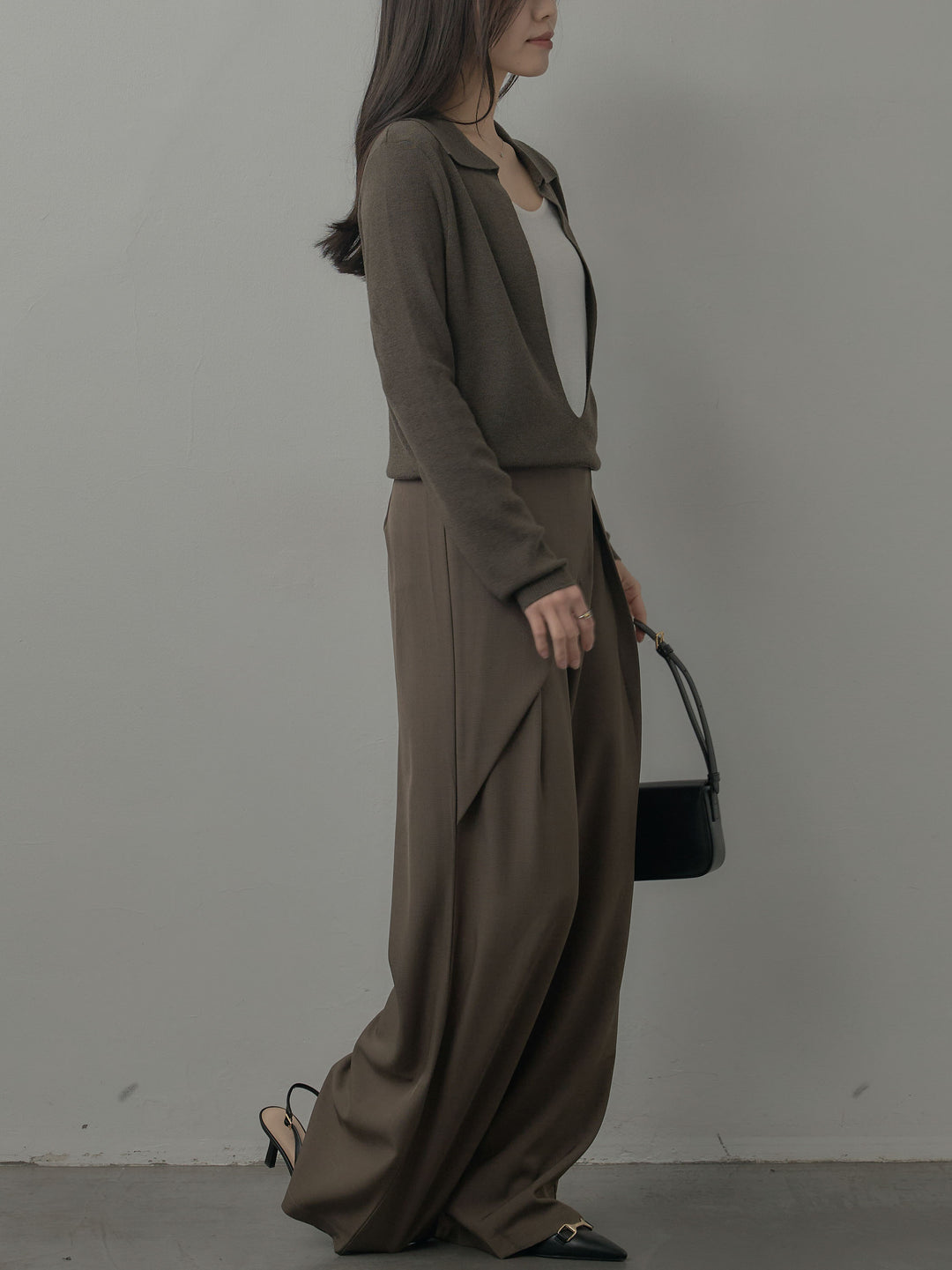 配色レイヤード襟ポロニットトップス