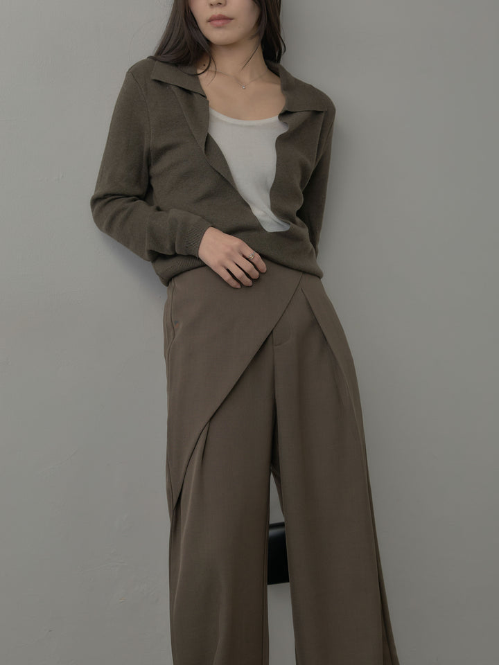 【SET】配色レイヤード襟ポロニットトップス+ウエストラップワイドパンツ(2set)