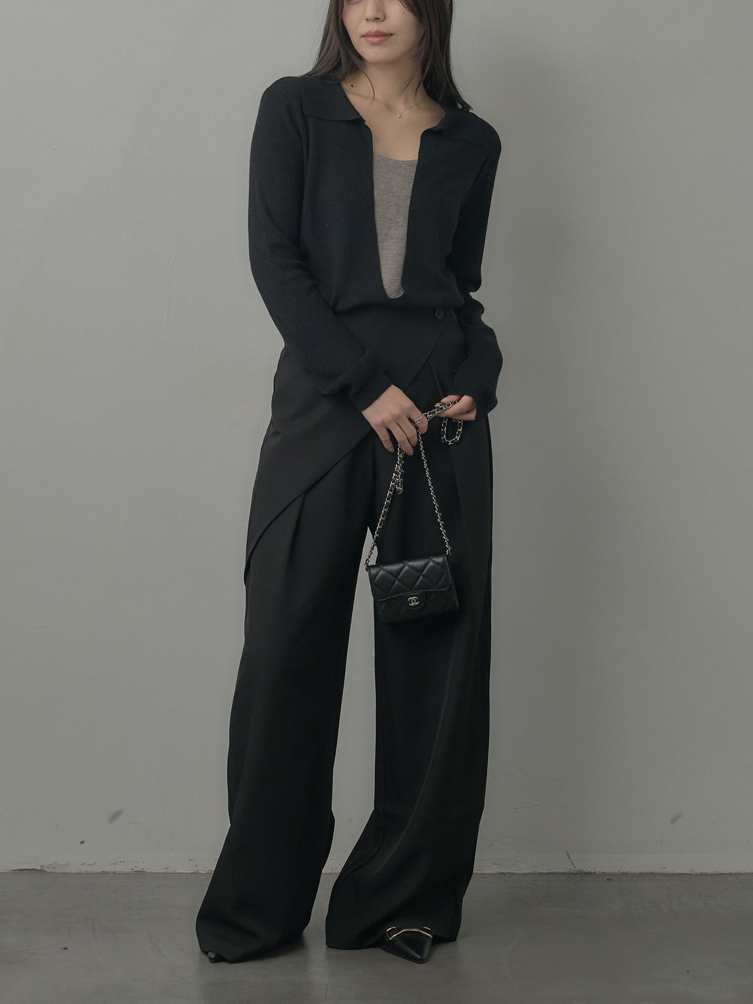 【SET】配色レイヤード襟ポロニットトップス+ウエストラップワイドパンツ(2set)