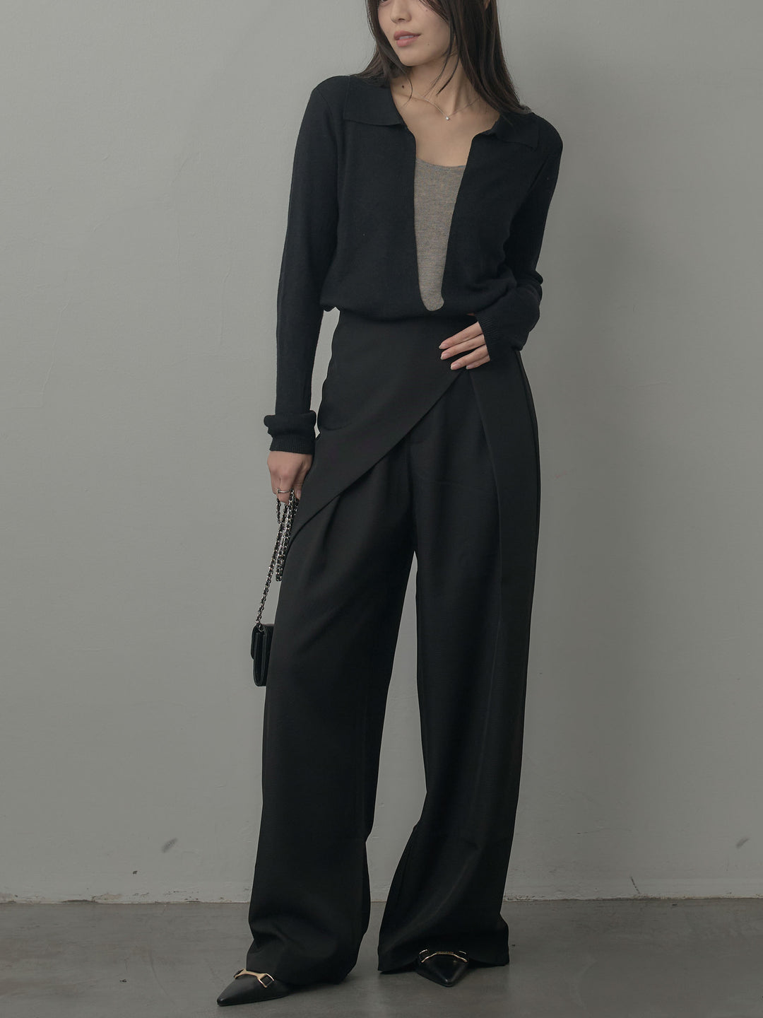 配色レイヤード襟ポロニットトップス