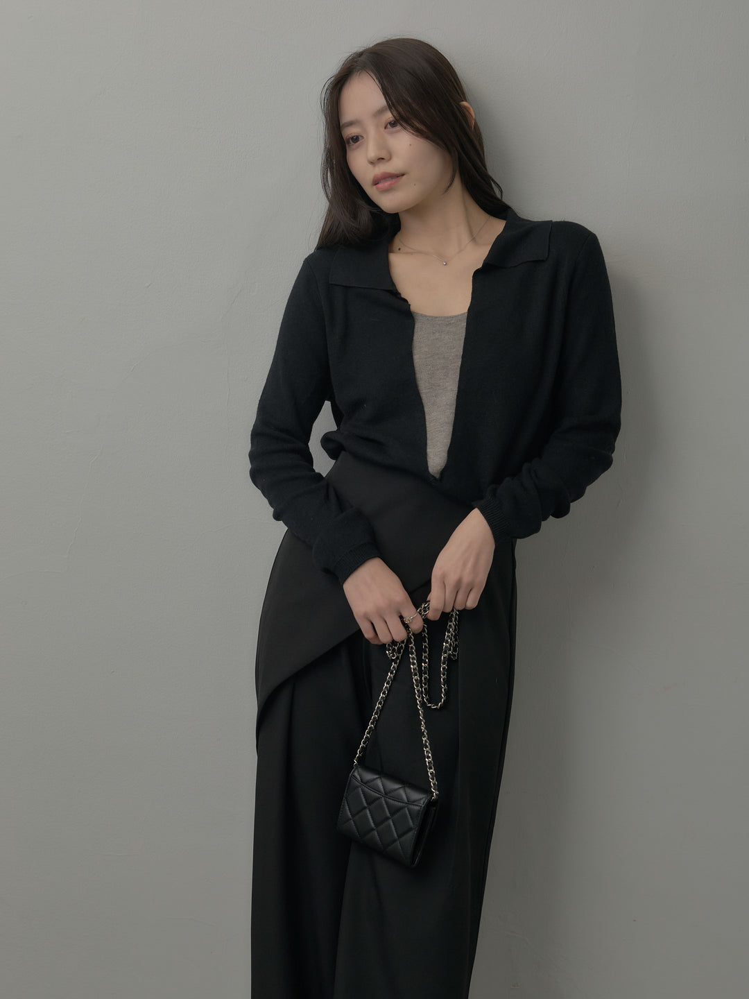 【SET】配色レイヤード襟ポロニットトップス+ウエストラップワイドパンツ(2set)