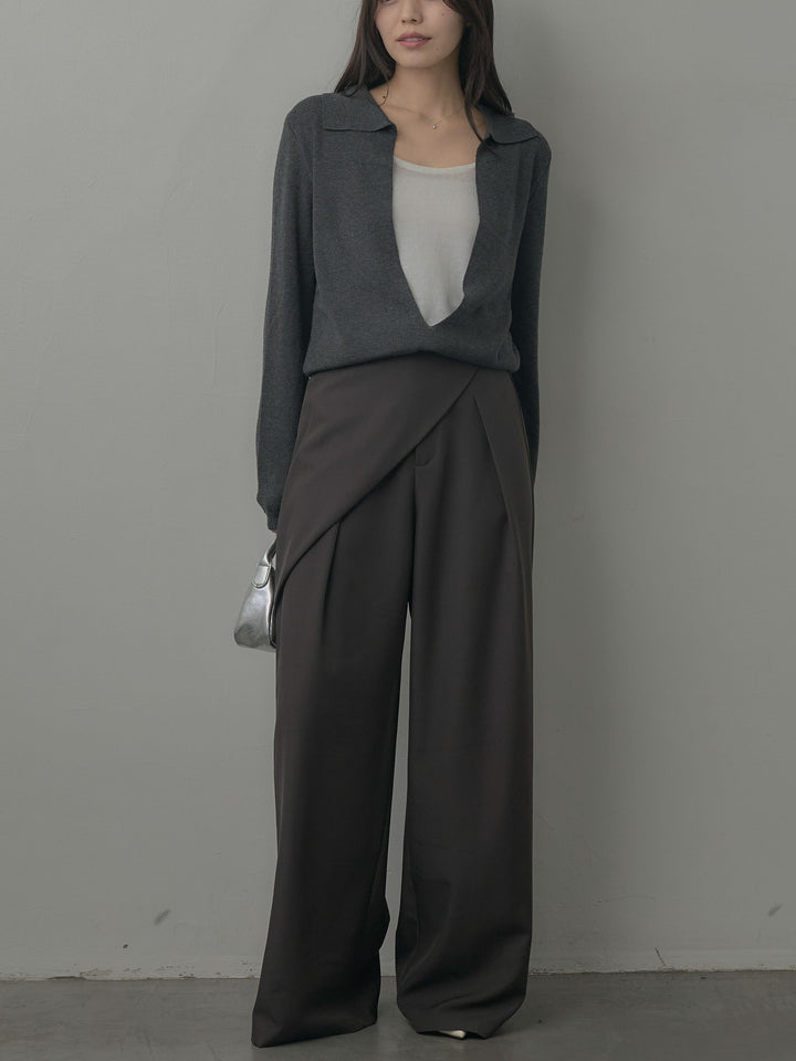 配色レイヤード襟ポロニットトップス