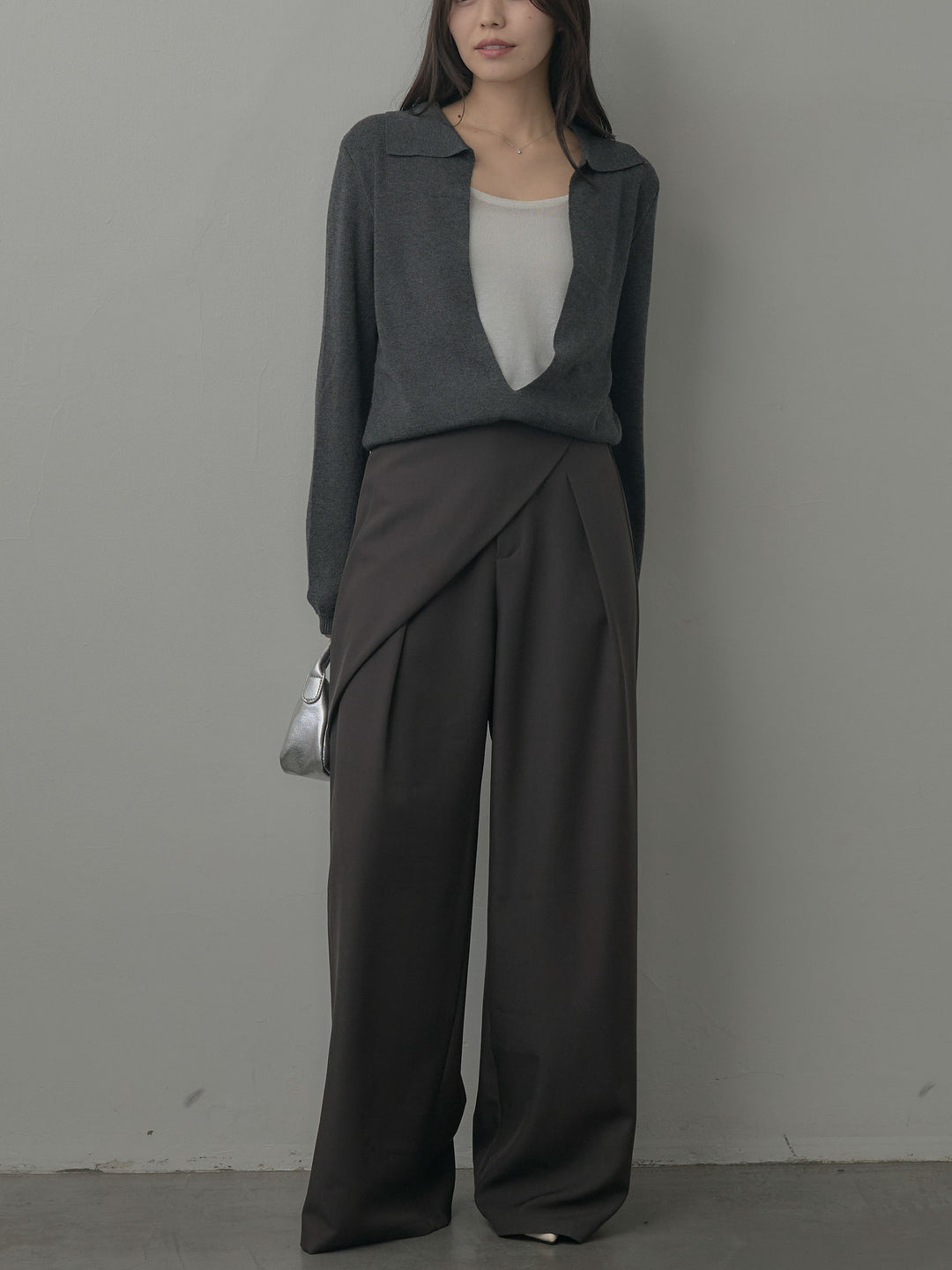 【SET】配色レイヤード襟ポロニットトップス+ウエストラップワイドパンツ(2set)