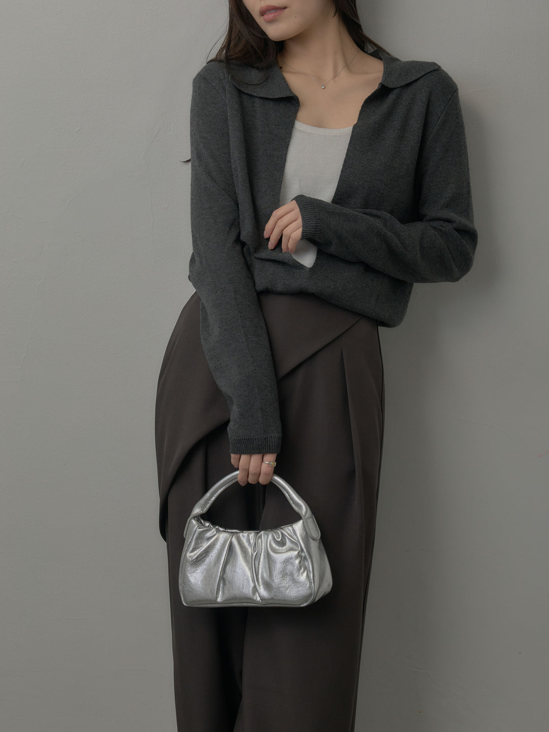 【SET】配色レイヤード襟ポロニットトップス+ウエストラップワイドパンツ(2set)