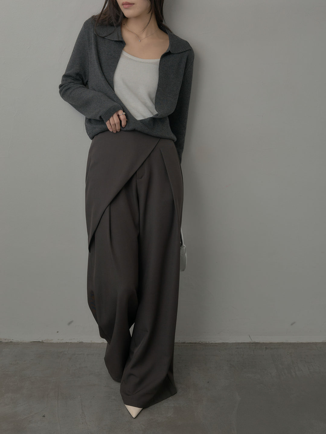 配色レイヤード襟ポロニットトップス