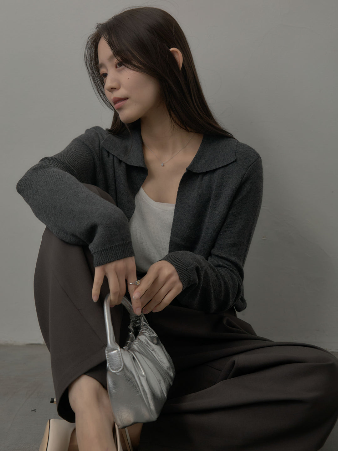 配色レイヤード襟ポロニットトップス