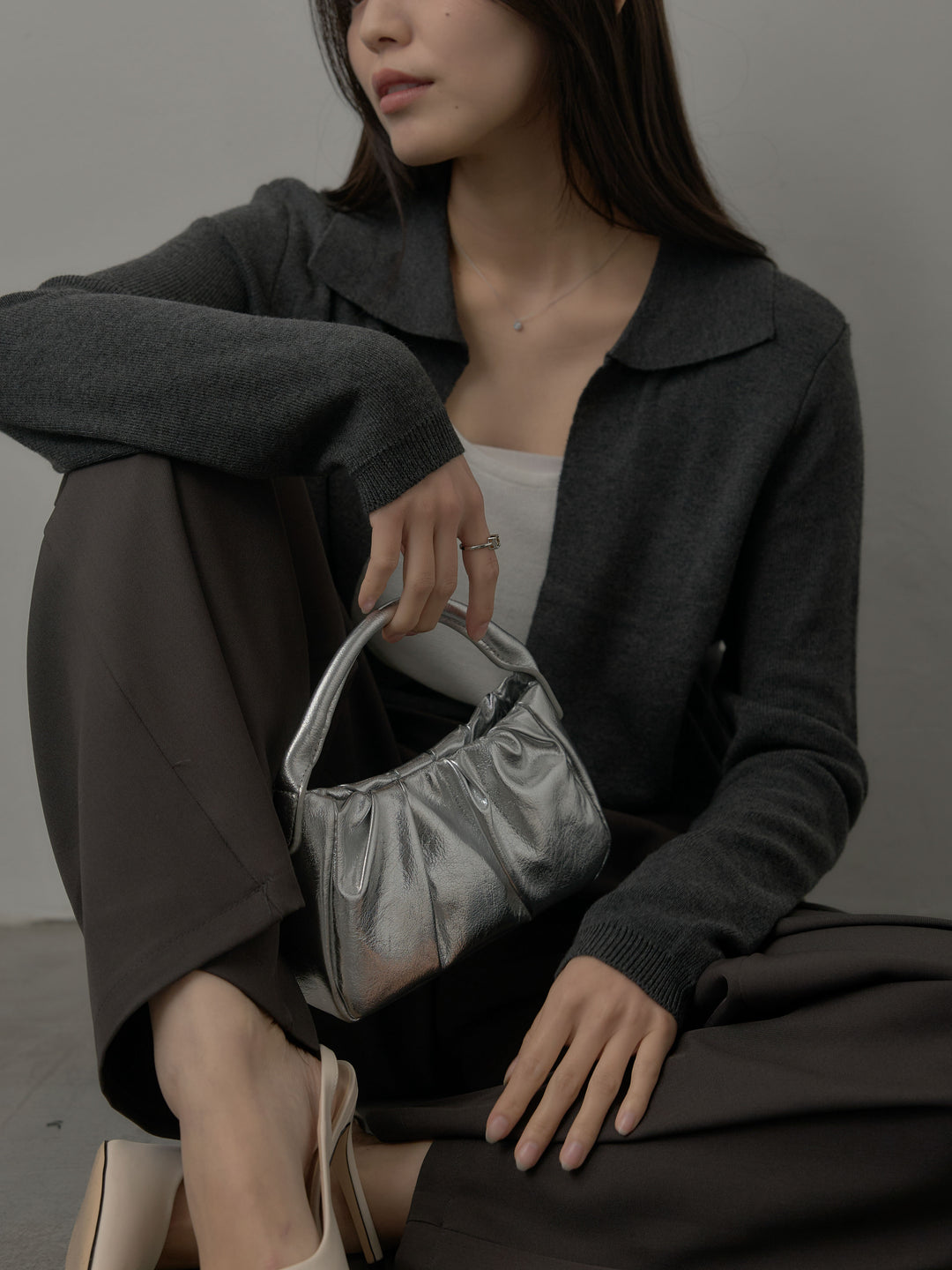 【SET】配色レイヤード襟ポロニットトップス+ウエストラップワイドパンツ(2set)