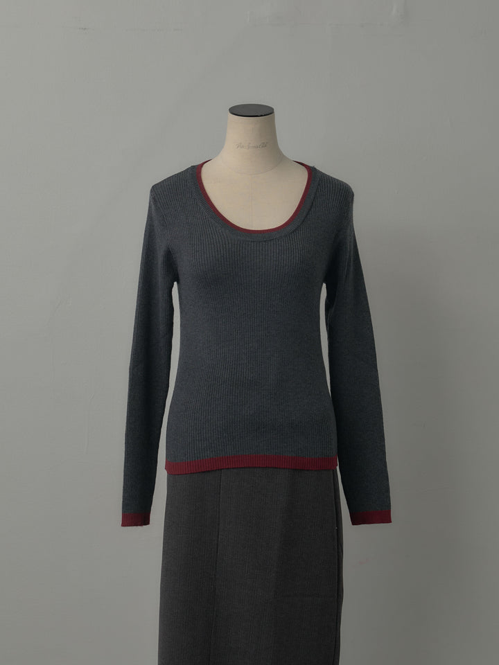 配色ラウンドネックニットトップス