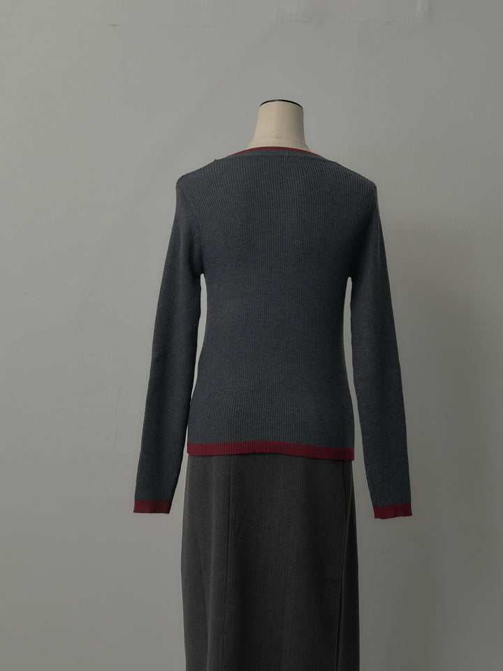 配色ラウンドネックニットトップス