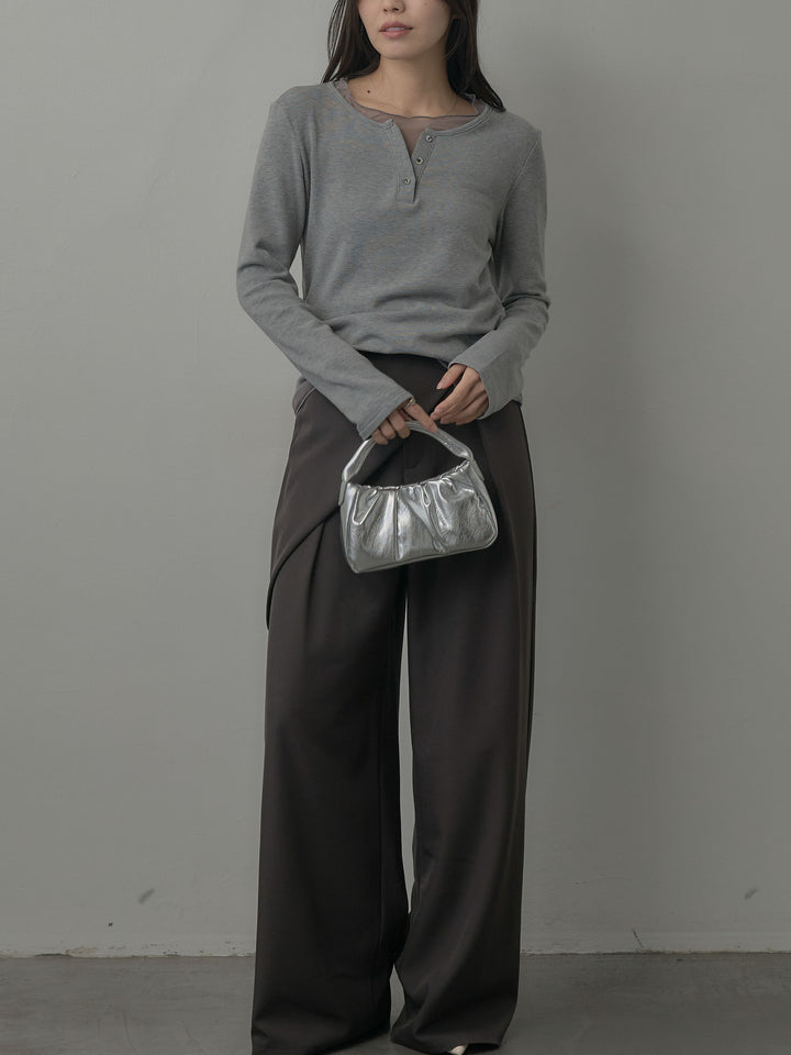 【SET】ミックスヤーンオーバーニットカーディガン+シアーレイヤードヘンリーネックトップス+ウエストラップワイドパンツ(3set)