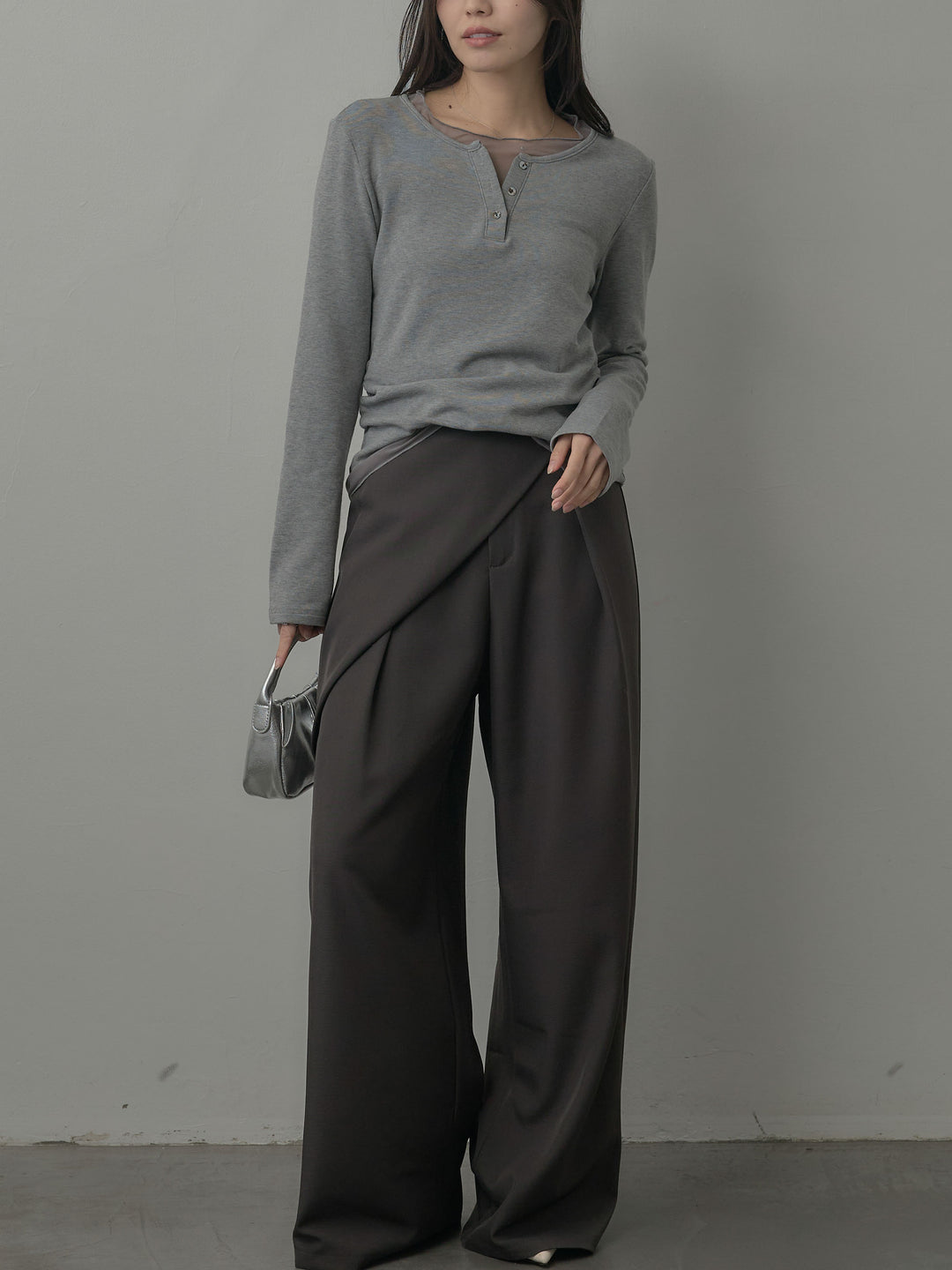 【SET】ミックスヤーンオーバーニットカーディガン+ウエストラップワイドパンツ(2set)