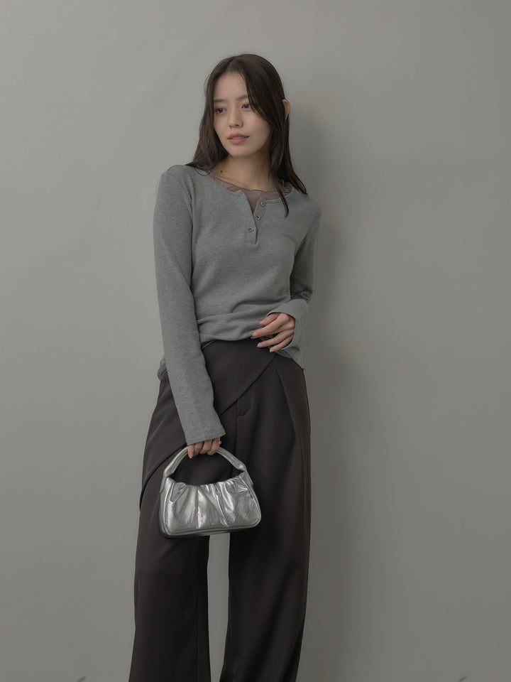 【SET】ミックスヤーンオーバーニットカーディガン+シアーレイヤードヘンリーネックトップス+ウエストラップワイドパンツ(3set)