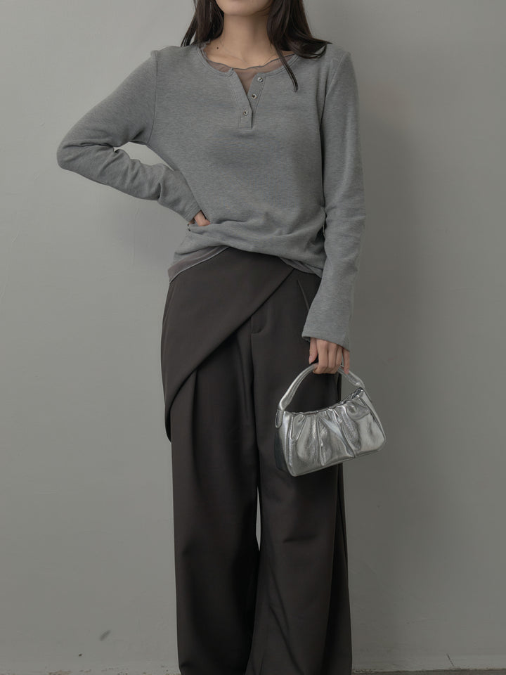 【SET】ミックスヤーンオーバーニットカーディガン+シアーレイヤードヘンリーネックトップス+ウエストラップワイドパンツ(3set)