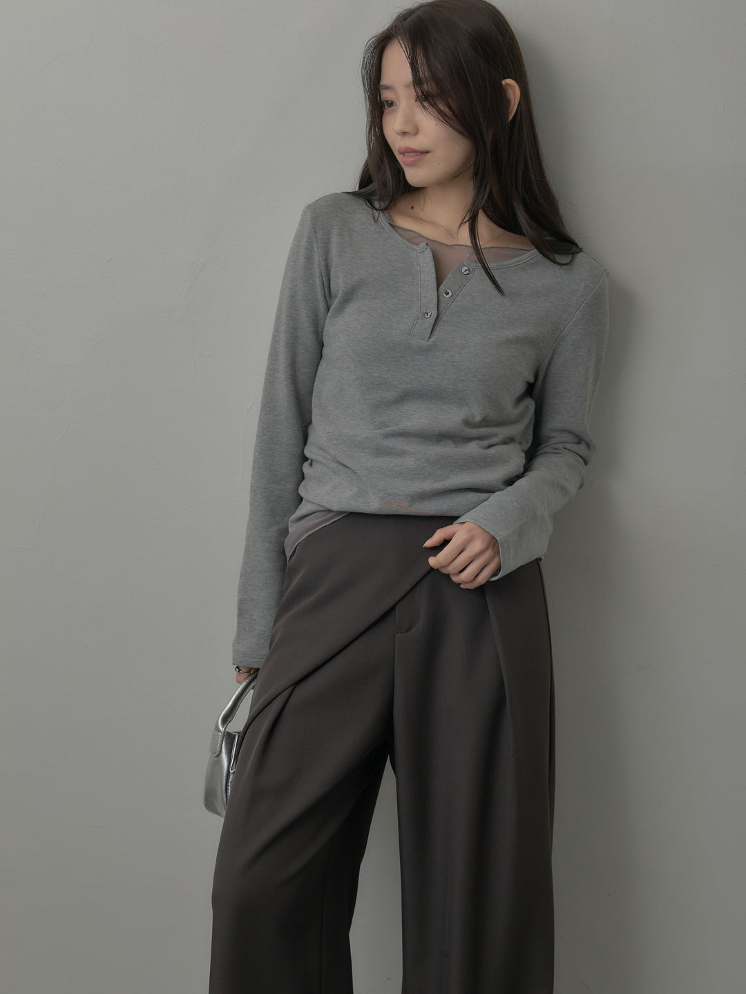 【SET】シアーレイヤードヘンリーネックトップス+ウエストラップワイドパンツ(2set)