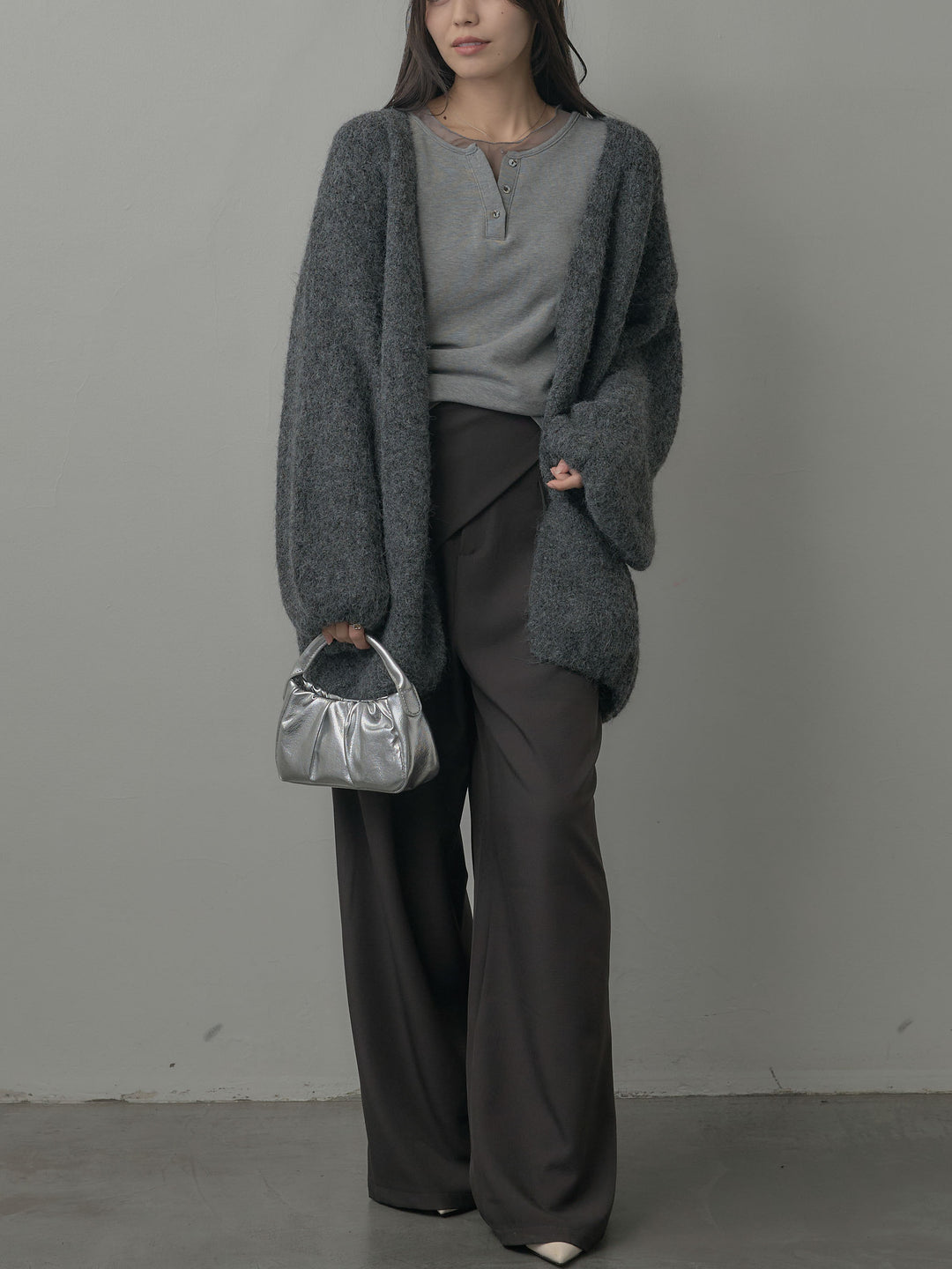 【SET】ミックスヤーンオーバーニットカーディガン+ウエストラップワイドパンツ(2set)