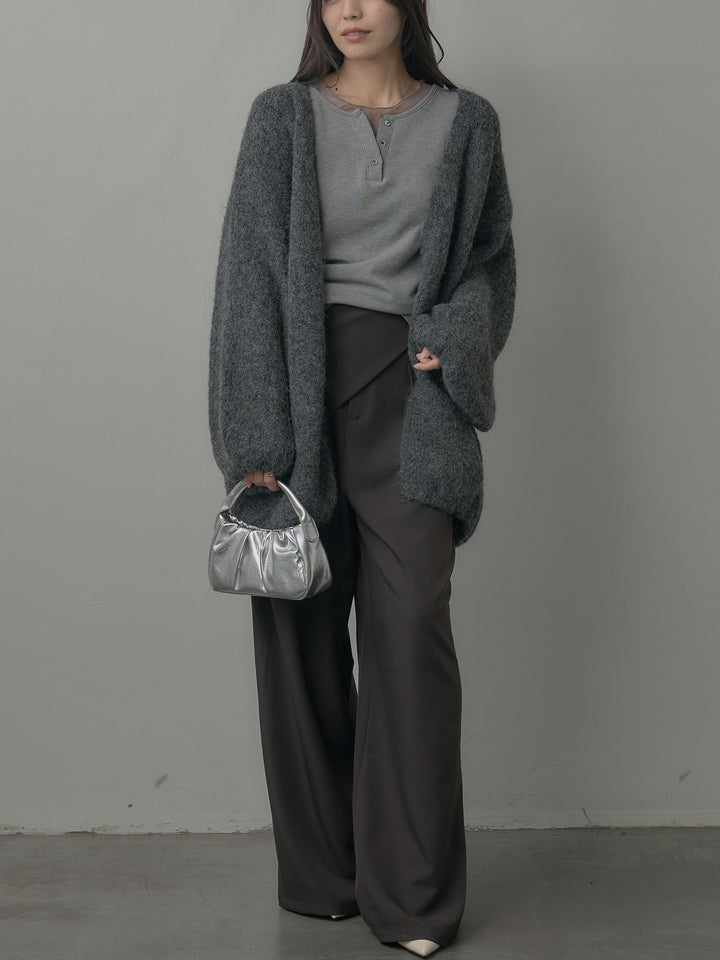 【SET】ミックスヤーンオーバーニットカーディガン+シアーレイヤードヘンリーネックトップス+ウエストラップワイドパンツ(3set)