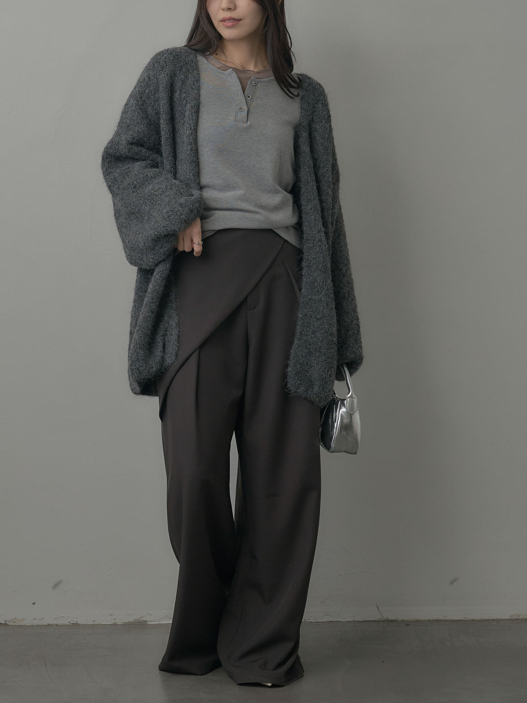 【SET】ミックスヤーンオーバーニットカーディガン+シアーレイヤードヘンリーネックトップス+ウエストラップワイドパンツ(3set)