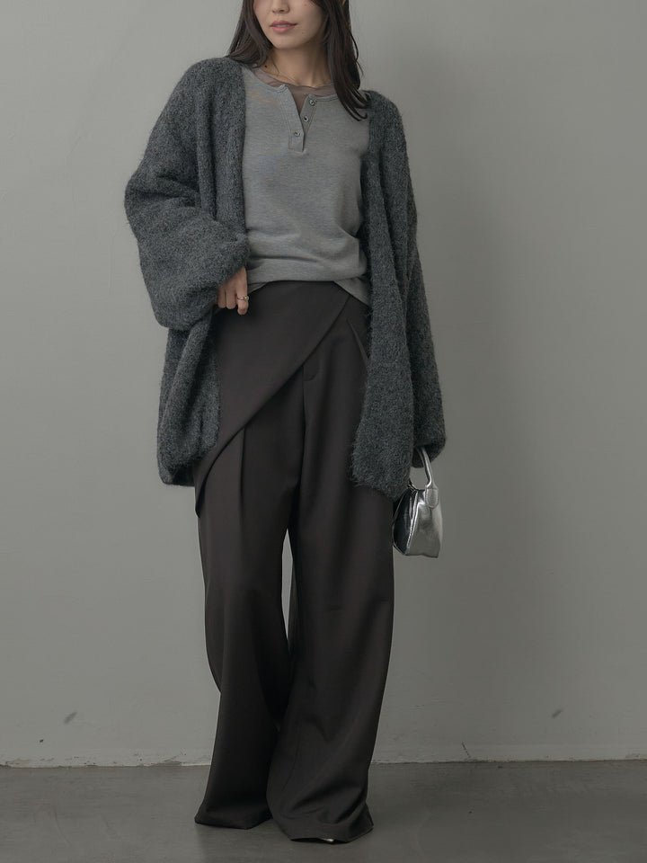 【SET】ミックスヤーンオーバーニットカーディガン+シアーレイヤードヘンリーネックトップス+ウエストラップワイドパンツ(3set)