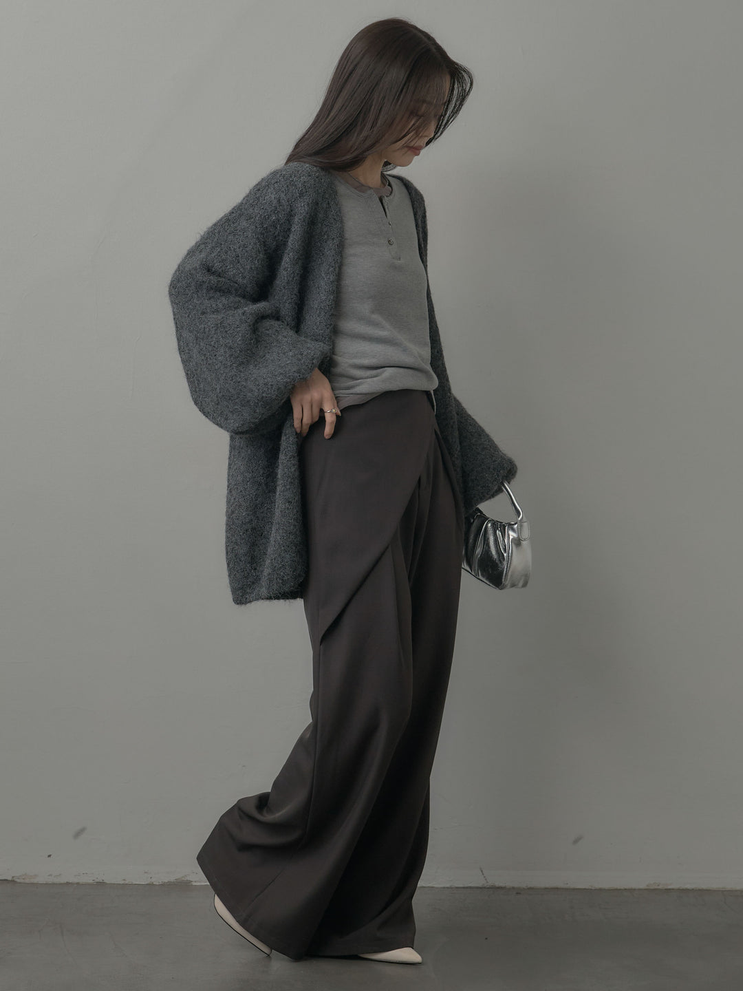 【SET】シアーレイヤードヘンリーネックトップス+ウエストラップワイドパンツ(2set)