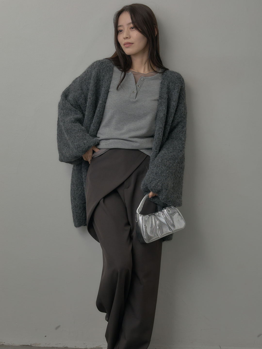 【SET】シアーレイヤードヘンリーネックトップス+ウエストラップワイドパンツ(2set)