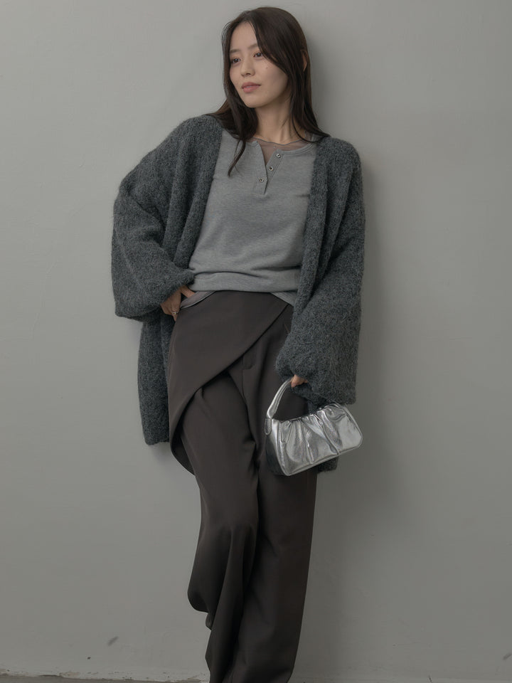 【SET】シアーレイヤードヘンリーネックトップス+ウエストラップワイドパンツ(2set)