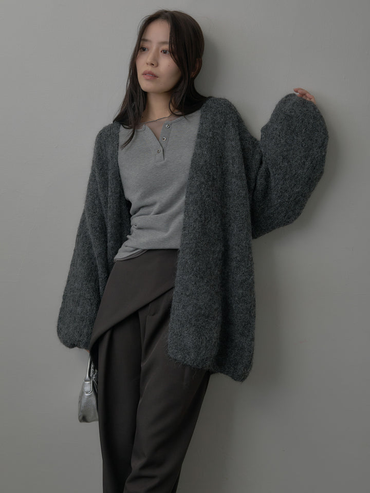 【SET】ミックスヤーンオーバーニットカーディガン+シアーレイヤードヘンリーネックトップス+ウエストラップワイドパンツ(3set)