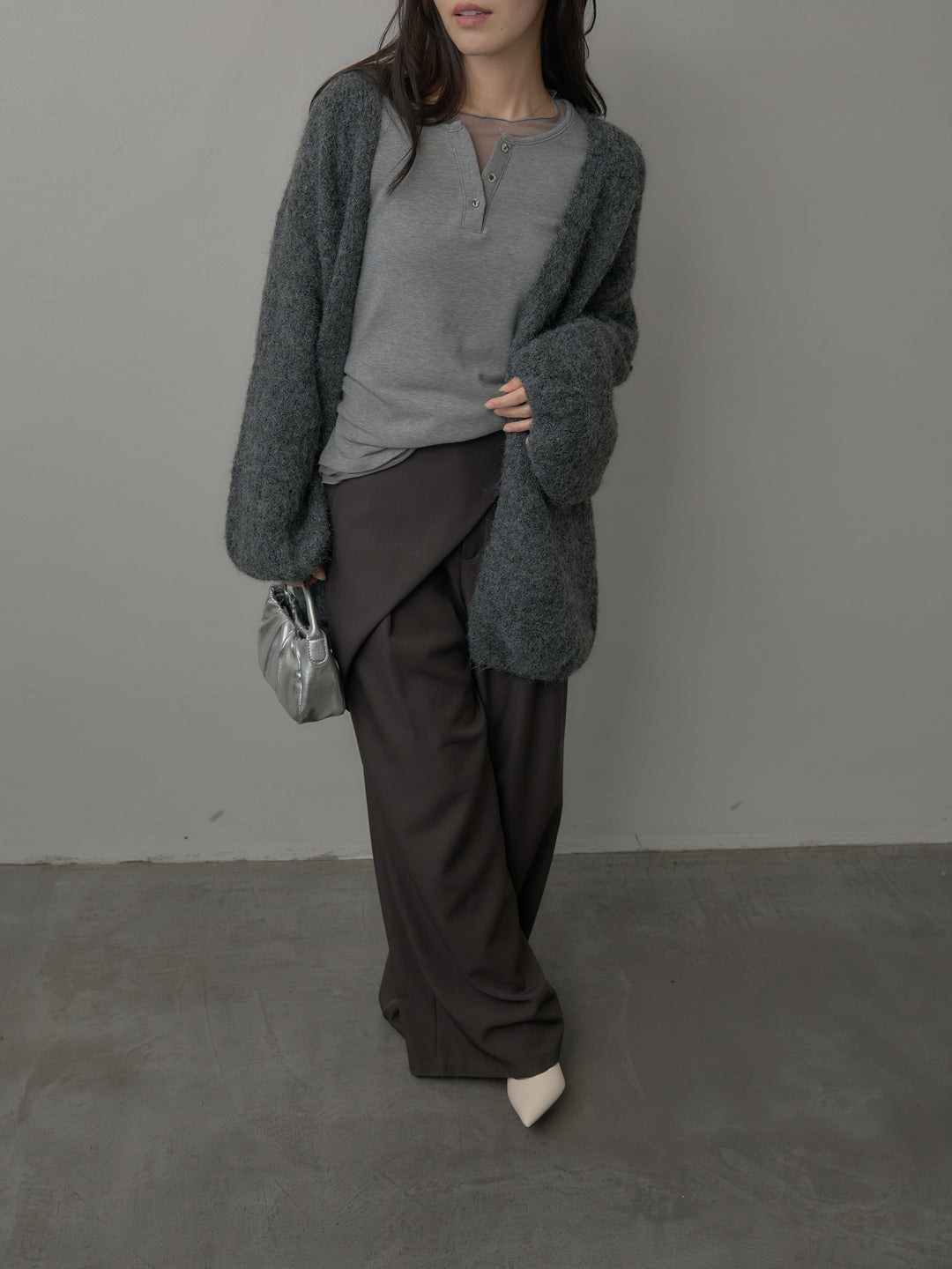 【SET】ミックスヤーンオーバーニットカーディガン+シアーレイヤードヘンリーネックトップス+ウエストラップワイドパンツ(3set)