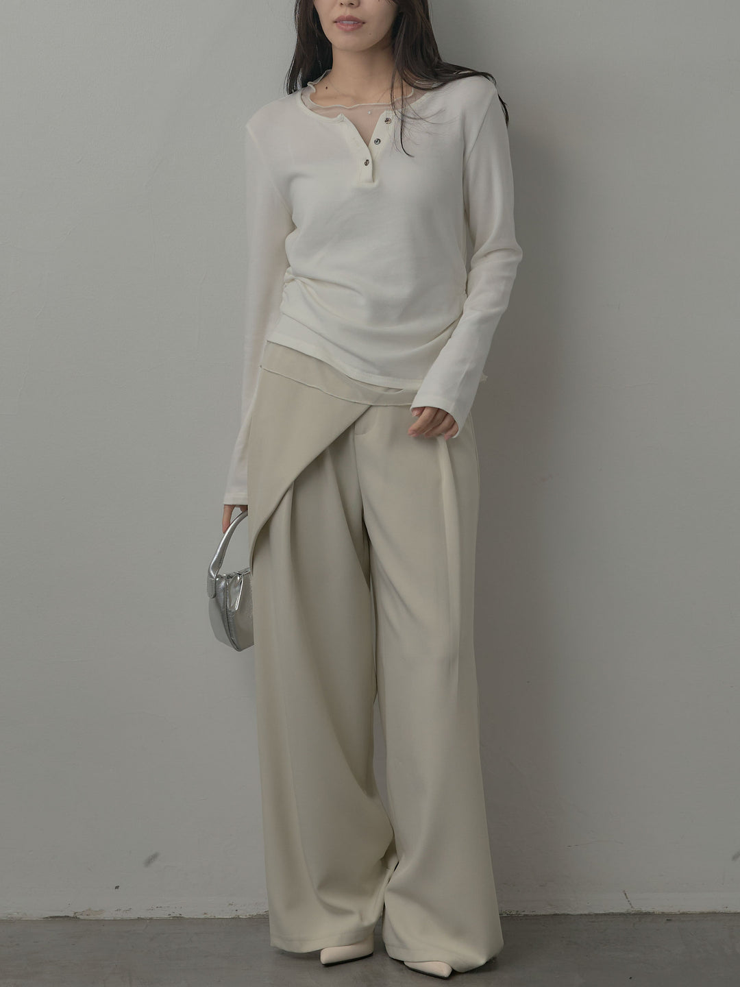 【SET】ミックスヤーンオーバーニットカーディガン+シアーレイヤードヘンリーネックトップス+ウエストラップワイドパンツ(3set)